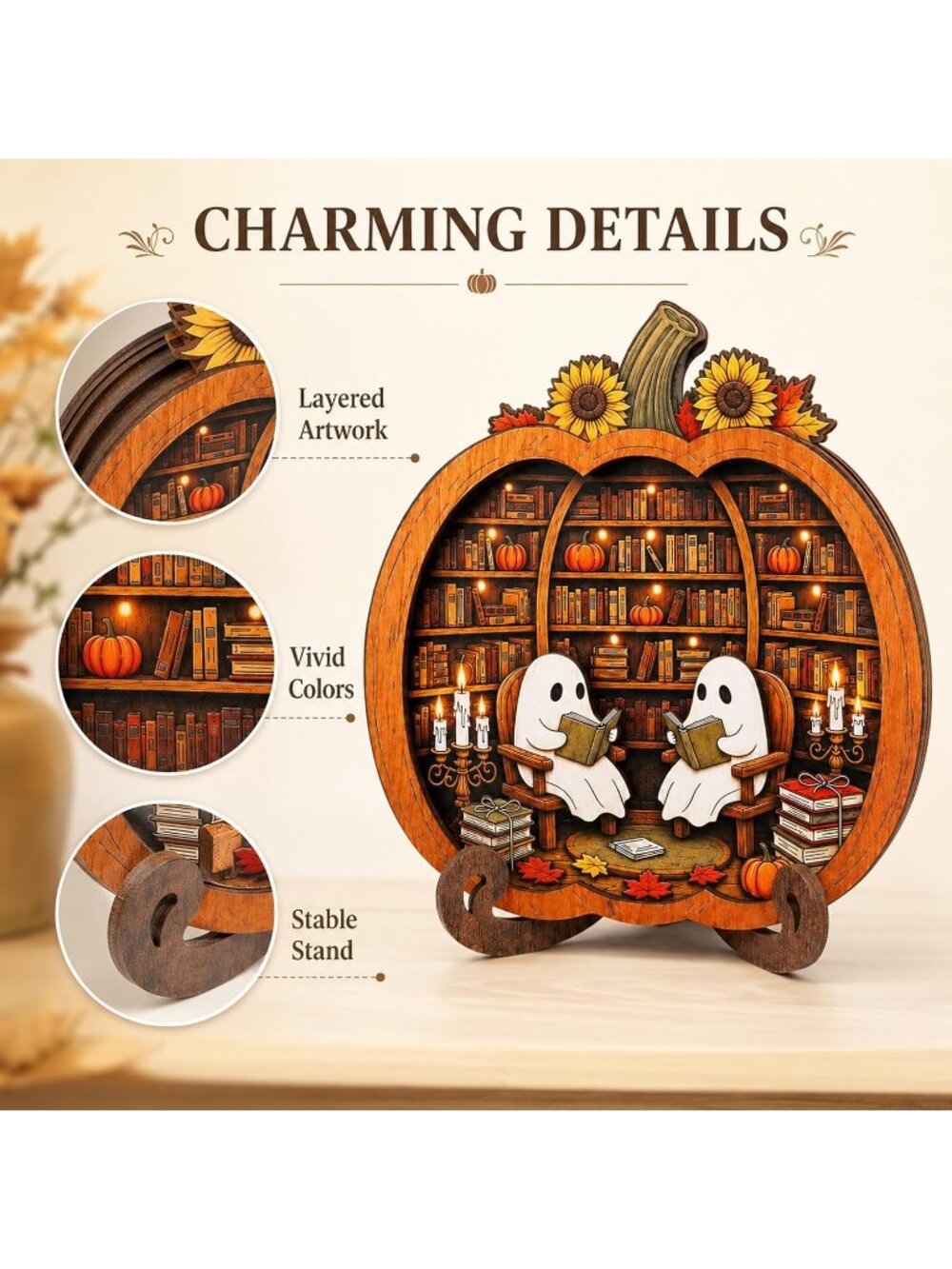 〽️Halloween Pumpkin Decor Cute Ghost Reading Book Wooden Bookshelf Cozy Library - Picture 5 of 6